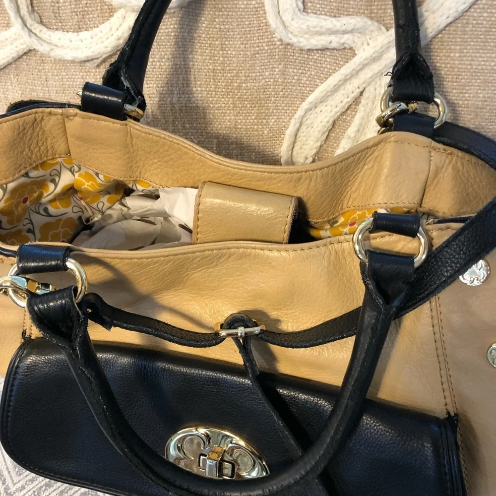 Emma Fox Large Tan/Black Leather Gold accent Purse